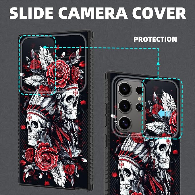 for Galaxy S26 Ultra Case Built in Slide Camera Lens Cover,Heavy Duty Shockproof Protection Dual Layer Case for Samsung Galaxy S26 Ultra 6.9" 2026,Skull Art with Feathers and Roses
