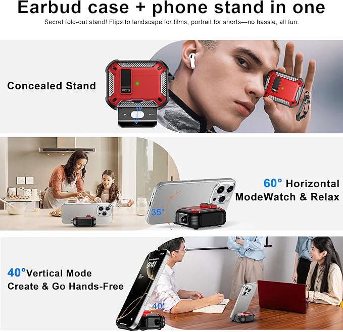 RFUNGUANGO Compatible AirPods Pro 2nd Generation Case with Phone Holder and Compatible Back Magnetic Suction Function, Suitable for AirPods Pro 2 Case, Red