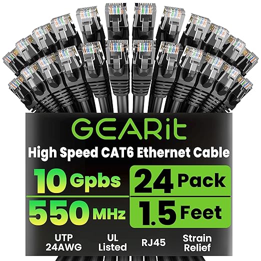 GEARit Cat 6 Ethernet Cable Pack - 24-Pack 1.5 ft Cat6 Ethernet Patch Cables | RJ45 Network Patch Cable, 10 Gbps Snagless Gold-Plated Connectors - Ethernet Cable Cat 6 for PC, TV, Router - Black