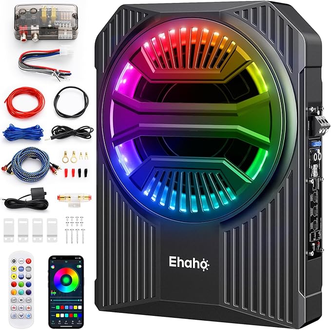 Ehaho Slim Under Seat Subwoofers with AMP, 10 inch Powered Subwoofer with Amplifier and RGB Lights, APP and Remote Control for Music Sync and Lighting Chasing Effects, Car Truck Audio Subwoofer