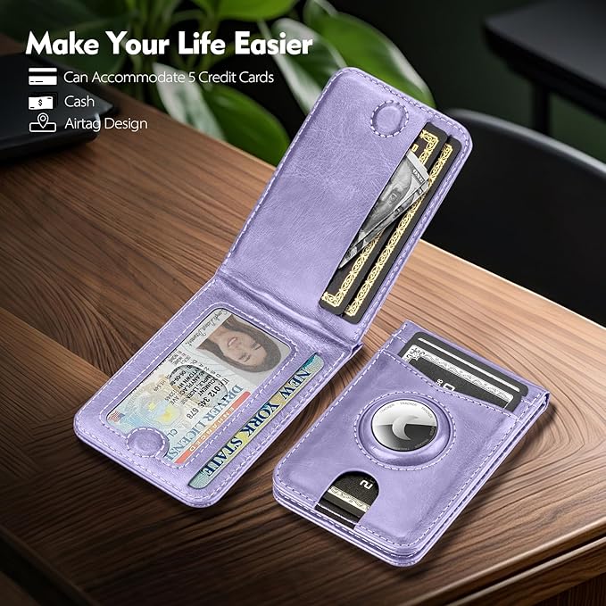Compatible with Magsafe Case with RFID Blocking Card Holder AirTag pocket for iPhone 17/16/15/14/13/12 Pro/Pro Max/PlusSeries,Not Fit iPhone Mini,Light Purple