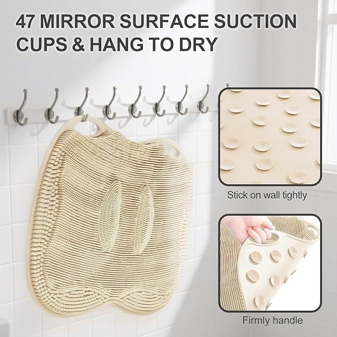 XL Shower Foot Scrubber Mat, Silicone Feet Massage Scrubber in Shower Clean Foot Toes Pad without Bending Non-slip Suction Cups Blood Circulation Exfoliate Smooth Achy Relief 17.4*13.4" Beige