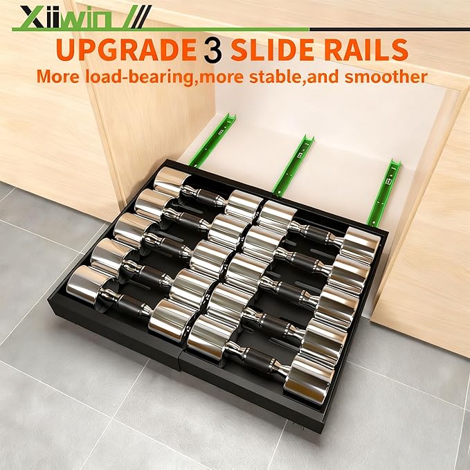 Pull out Cabinet Organizer 21" Depth (12.6-20.5 inch Width) Slide Roll Out Drawers Expandable Adjustable Shelves for Kitchen Bathroom Pantry Adhesive Nano Film 3 Slide Rails Black, 2pcs