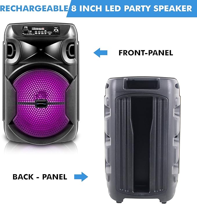 Technical Pro 8 Inch Portable 800 W Bluetooth Speaker W/Woofer & Tweeter, Festival PA LED, Bluetooth/USB Card Inputs, with UHF Wireless Handheld Microphone w/USB Powered Receiver