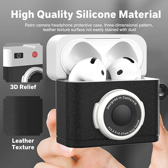 Valkit Compatible Airpods 4 Case with Cleaner Kit, Cute 3D Camera Design Air pod 4 Cover with Keychain Shockproof Protective Soft Silicone Case for Airpods 4 Gen for Men Women(Black)
