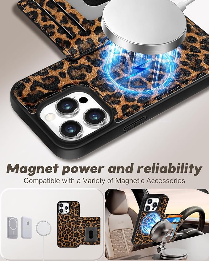 for iPhone 13 Pro Max Case with Wallet - Fits 4 Card Slots, Compatible with MagSafe for Women Aesthetic Durable PU Leather Credit Card Holder Kickstand Phone Cover for Apple 13 Promax, Leopard