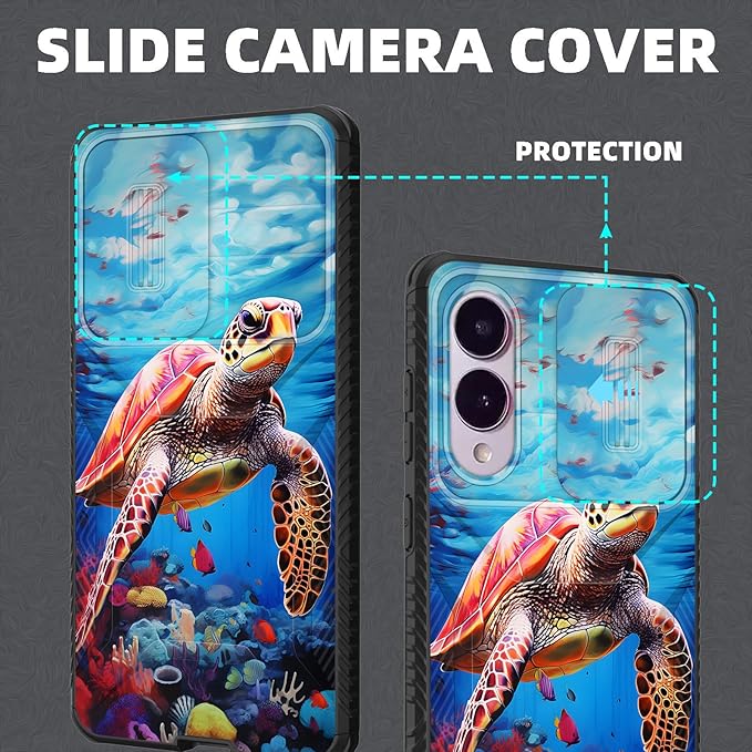 for Galaxy S25 Edge Case Built in Slide Camera Lens Cover,Heavy Duty Shockproof Protection Dual Layer Case for Samsung Galaxy S25 Edge 2025,Sea Turtle Swimming Underwater