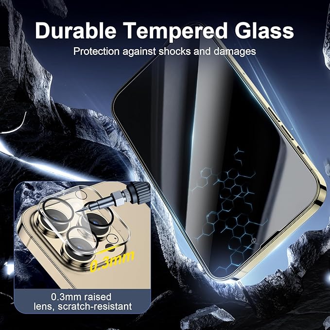 NEW'C 3x Privacy for iPhone 14 Pro Max Screen Protector (6.7 inches)+ 3x Camera Lens Protector, Sensor Protection, Tempered Glass Film + Dust Plug - Enhanced Privacy Angle of 28 Degrees