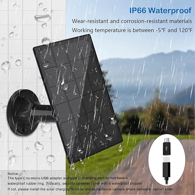 Solar Panel for Outdoor Camera, IP66 Waterproof Solar Charger, Continuous Solar Power Supply for Security Cameras, with 10ft Cable Type-C Port & Micro USB Adapter Solar Panel, 360° Adjustable Bracket