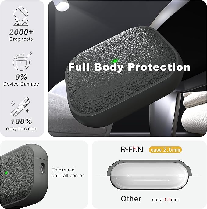 R-fun for AirPods Pro 3 Case 2025, Soft TPU (Leather-Like Design) Drop Protection Cover for Men and Women with Lanyard and Cleaner Kit, Compatible with Apple AirPods Pro 3rd Generation-Grey
