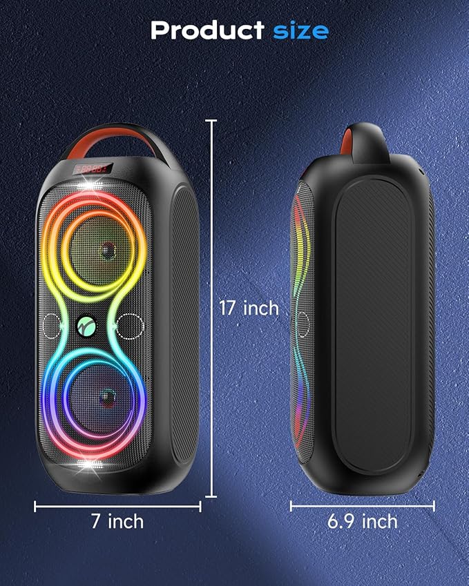 Party Bluetooth Speaker with Dual 4" Woofers, 60W Peak Power, 12H Playtime, Dynamic LED Lights, TWS, FM, AUX, USB, Mic Input, Portable Rechargeable Speaker for Indoor & Outdoor Events -Updated Version