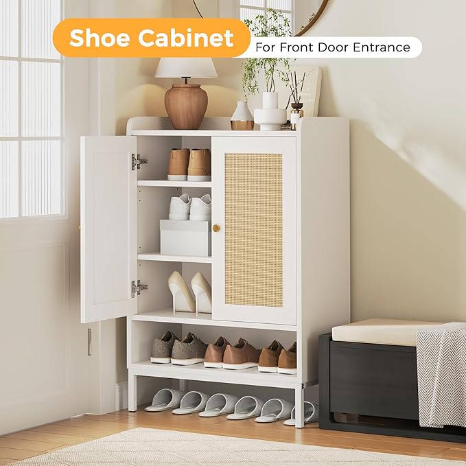 JASIWAY Rattan Shoe Cabinet Storage for Entryway, Shoe Cabinet with Adjustable Shelves for Entryway, 5-Tier, 20 Pair Shoe Rack Storage for Hallway, Closet, Living Room, White