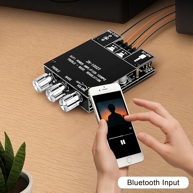 ZK-1002T 100W+100W Bluetooth Amplifier Board, 2.0 Channel Bluetooth 5.0 Subwoofer Audio AMP with Treble and Bass Control, DC12-24V, BT and AUX Inputs, TPA3116D2 Chip Stereo AMP Board for DIY Speakers