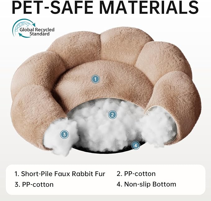 OhGeni 27 inches Calming Donut Dog & Cat Bed for Medium Pets, Warming Comfort Fluffy Short Pile Fur, Durable Machine Washable Round Bed, Cute Round Bed for Puppy and Kitten, Camel