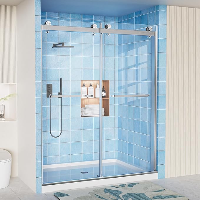 Frameless Shower Door, 56-60" W x 72" H Double Sliding Shower Doors, 1/4" (6mm) Thick Tempered Clear Glass Door with Explosion-Proof Film Nano Coating, Stainless Steel Hardware, Brushed Nickel