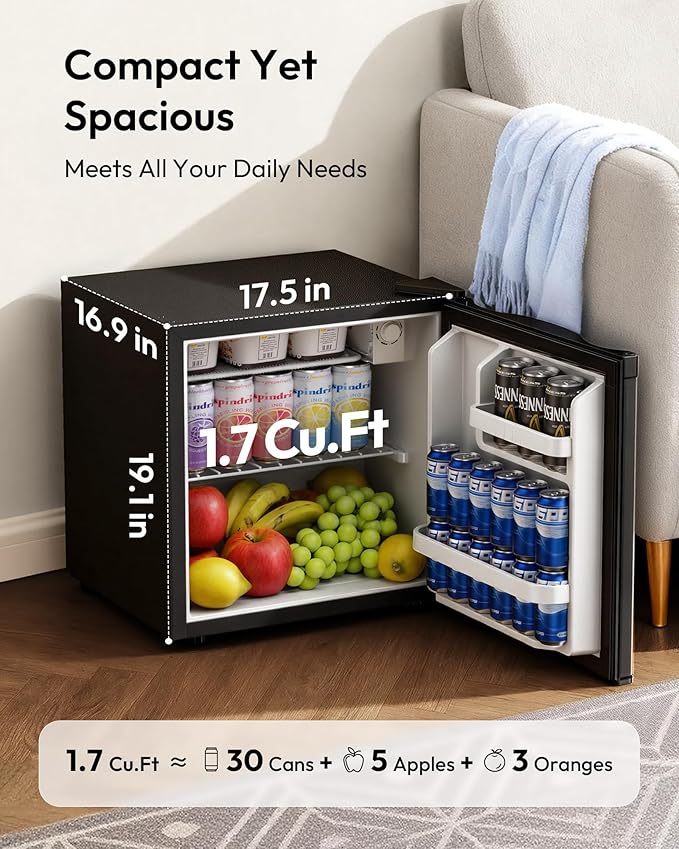 EUHOMY 1.7 Cu.Ft Mini Fridge with Freezer, Reversible Single Door Compact Refrigerator, Adjustable Thermostat, Energy Saving, Mini Fridge for Bedroom, Office, Dorm, Black
