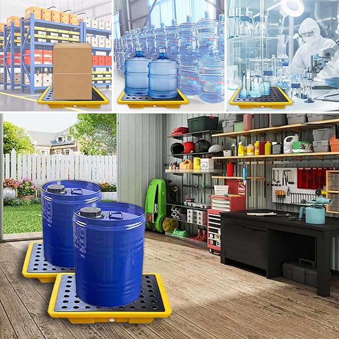 2.6 Gallons Oil Drum Spill Containment Tray, Modular Storage Polyethylen Palette with Drain 19.3"X14"X3.7", Detachable Leakproof Platform for Fill Station Garage