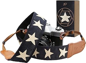 Padwa Lifestyle Pentagram Embroidered Camera Strap - Double Layer Cowhide Ends,2" Cotton Woven Camera Straps, Adjustable Vintage Neck & Shoulder Strap for All DSLR Cameras,Great Gift for Photographers