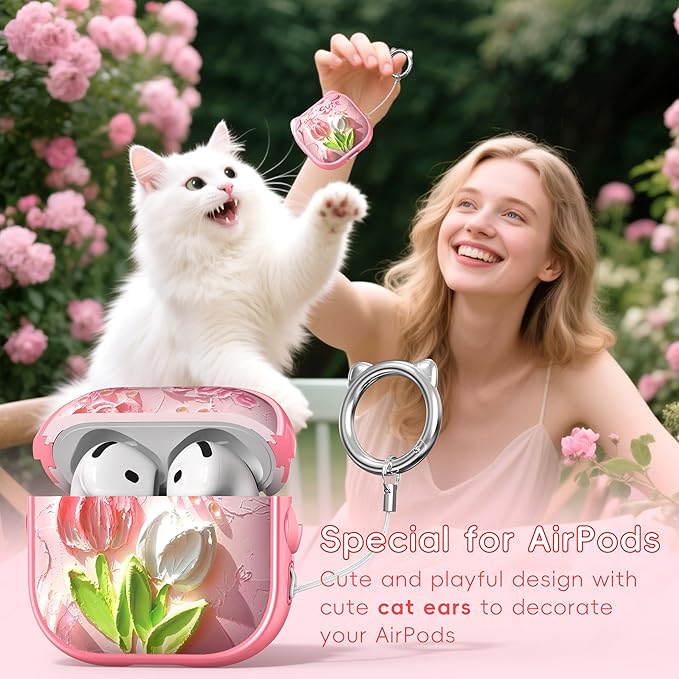 for AirPods 4 Case with Cleaning Kit, Cute Cat Ear Print Design & Cute Buckle, Inverted Phone Holder Design, Top Safe Lock Buckle Design, for Girls AirPods 4 case 2024, Tulip