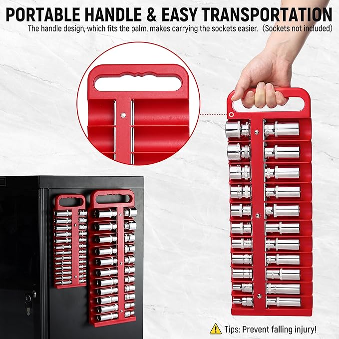 Magnetic Socket Organizer Set, 3 Pcs Red Portable Heavy Duty Socket Rail - Set: 1/4-Inch x 22 Pallets, 3/8-Inch x 28 Pallets, 1/2-Inch x 26 Pallets, Hold 76 Sockets - Fit Shallow&Deep Sockets