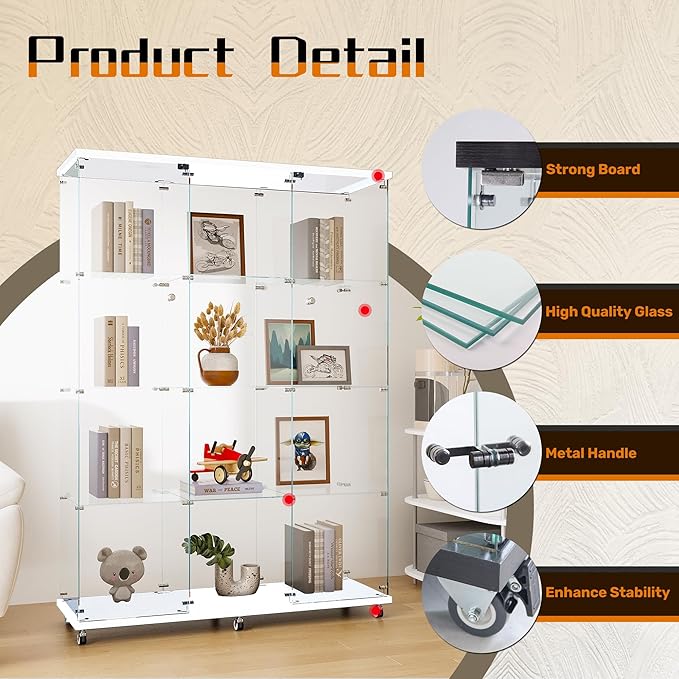 LFT HUIMEI2Y Glass Display Cabinet 12 Shelves with 3 Columns 2 Doors and Lock, Extra Large DIY Curio Cabinets Quick-Install Style Tempered Glass Floor Standing Bookshelf for Living Room, Kitchen White