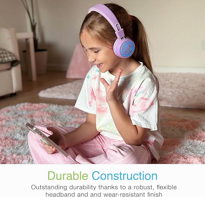 MEE audio KidJamz KJ55BT Personalized Bluetooth Wireless Safe Listening Headphones for Kids w/Custom LED-Backlit Design, Volume Limiter, Mic; Kids Headset for School/iPhone/iPad/Tablet (Lavender)