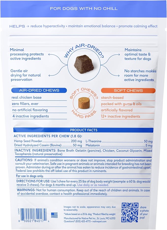Native Pet Calming Chews for Dogs - Melatonin for Dogs Anxiety Relief - Grain Free All Natural Hemp Calming Treats & L-Theanine Helps Manage Stress & Separation Anxiety - Puppy Sleep Aid - 120 Chews