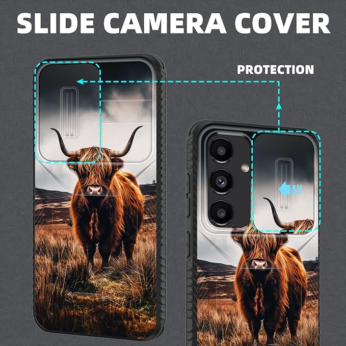 for Galaxy S26 Case Built in Slide Camera Lens Cover,Heavy Duty Shockproof Protection Dual Layer Case for Samsung Galaxy S26 6.3" 2026,Brown Highland Cow