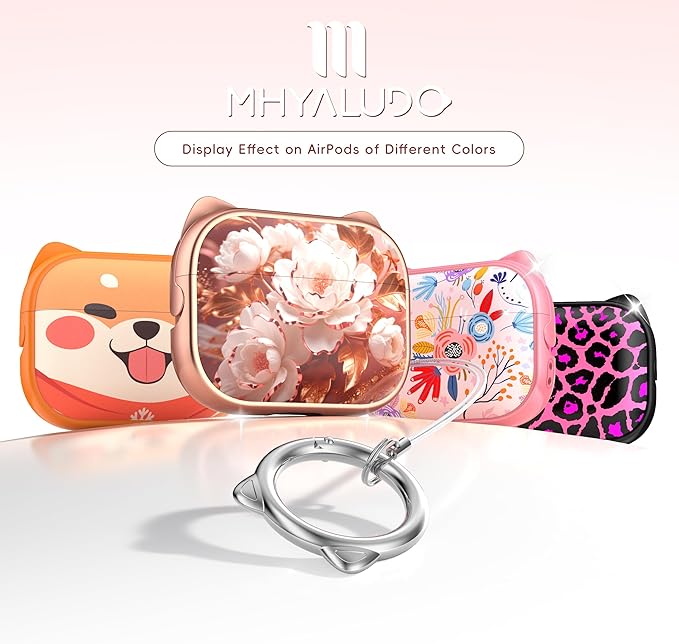 for AirPods Pro 2 Case with Cleaning Kit, Cute Cat Ear Print Design & Cute Buckle for Girls, Phone Holder & Top Safe Lock Buckle Design for AirPods Pro 2nd/1st Gen case, Rose Gold Peony