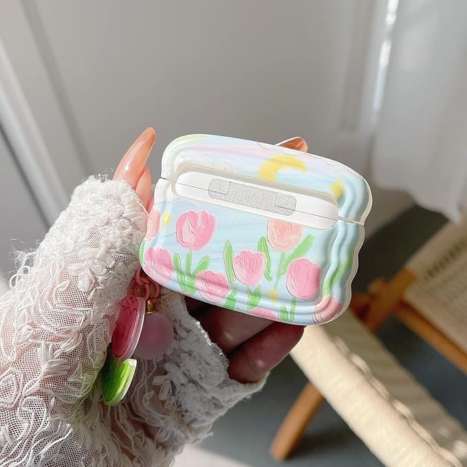 Cute Airpod Pro 2 / Airpod Pro Case Flower with Floral Keychain Wave Shape Soft TPU Protective Cover Compatible with AirPods Pro 2nd Generation Case for Girls Women (Tulip Pink)