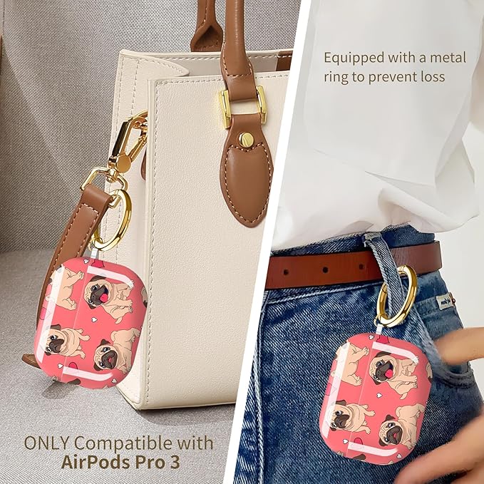 Compatible with AirPods Pro 3 Case 2025 for Women Girls – Cute Shockproof Protective Cover with Gold Round Buckle, Anti-Drop Soft Case for AirPod Pro 3rd Gen (Animated Pug Dog Red Heart)