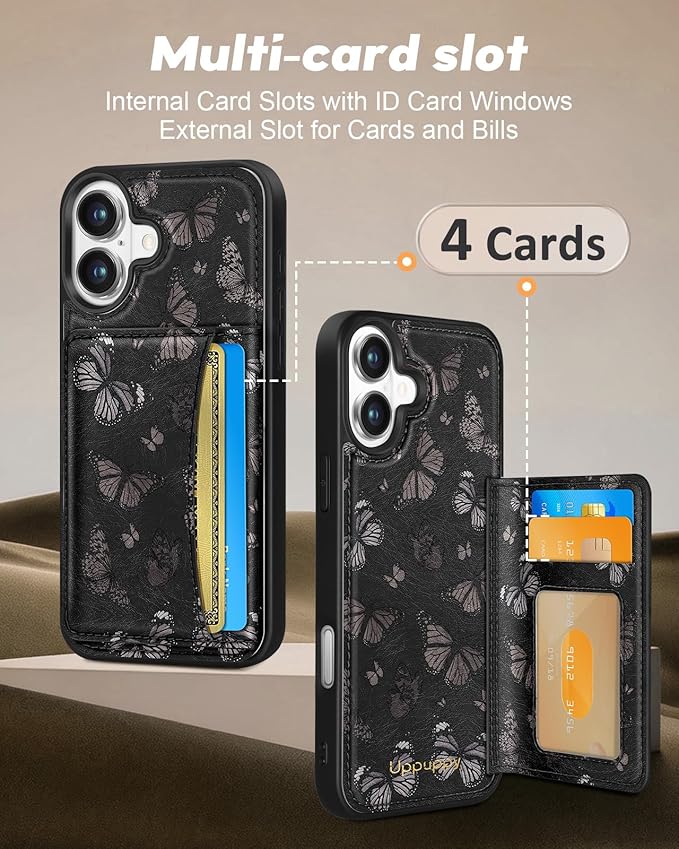 for iPhone 16 Wallet Case - Fits 4 Card Slots, Compatible with MagSafe for Women Aesthetic Durable PU Leather Credit Card Holder Kickstand Phone Cover for Apple 16, Black Butterfly