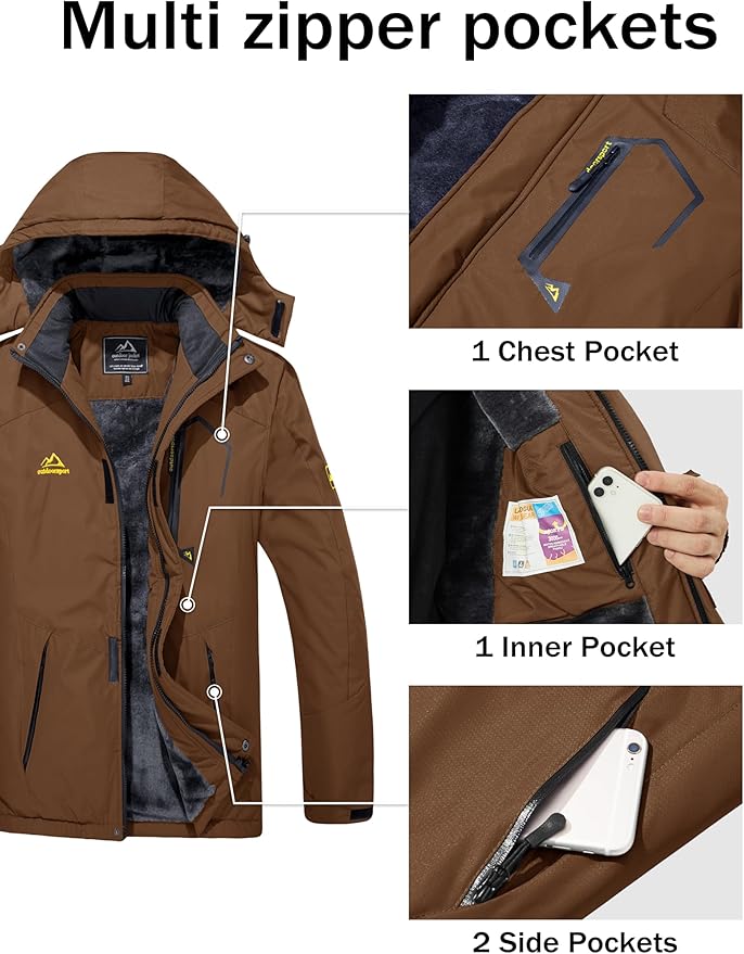 MAGCOMSEN Men's Winter Coats Water Resistant Ski Snow Jacket Warm Fleece Jacket Parka Raincoats With Hood Multi-Pockets