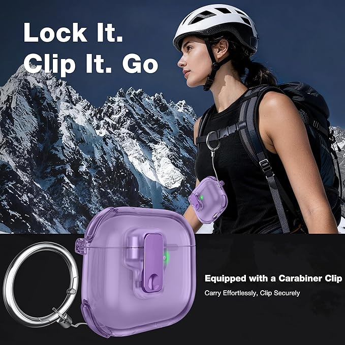 Clear Case for AirPods 4 Case Cover with [Lock Safety &Pop Up][Military Shockproof] Anti-Yellow Transparent Soft TPU Wireless Charging for AirPods 4th Generation Case with Keychain,Clear Purple