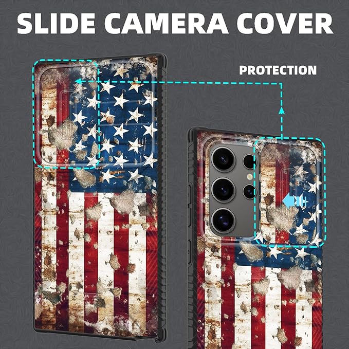 for Galaxy S24 Ultra Case Built in Slide Camera Lens Cover,Heavy Duty Shockproof Protection Dual Layer Case for Samsung Galaxy S24 Ultra 6.8" 2024,Rustic American Flag