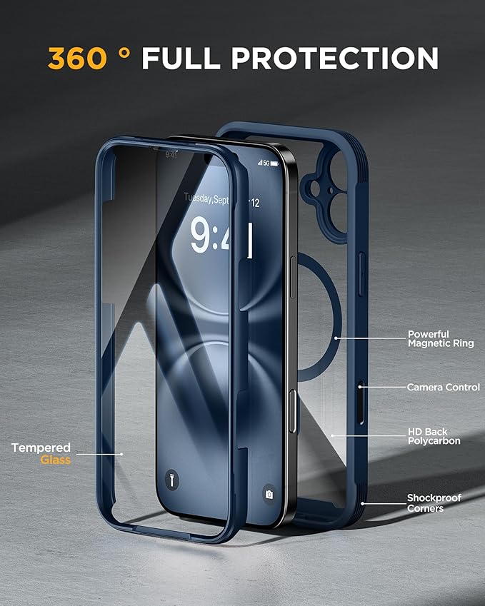 Miracase Magnetic for iPhone 16 Plus Case Full-Body Phone with Built-in Glass Screen Protector, [Compatible with MagSafe] Military Drop Proof 16 Plus Cover Bumper, Storm Blue