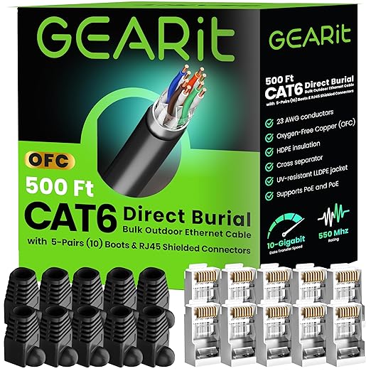 GEARit Cat6 Outdoor Ethernet Cable (Cat 6 DIY Kit - 500ft Bulk Cable | x10 RJ45 | x10 Boot) 23AWG OFC Pure Copper, FTP, LLDPE, Waterproof, Direct Burial, In-Ground, UV, POE, Network, LAN, Internet