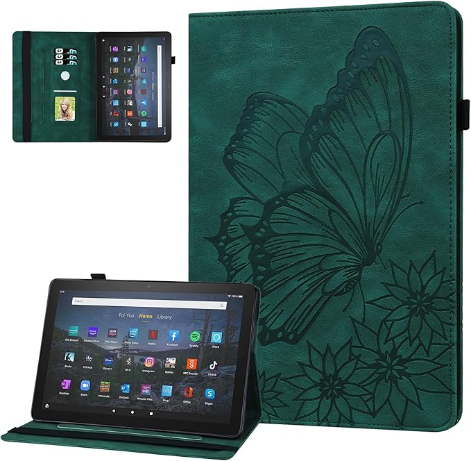 Dteck for Fire Max 11 (13th Generation) Tablet Case 11" 2023, PU Leather Protective Fold Stand With Adjustable Viewing Angles, 4 Card Slots, Cute Butterfly Lightweight Slim Folio Book, Green