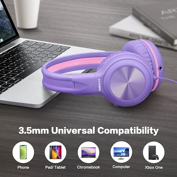 SIMOLIO Wired Headphones for Kids, Girls School Headphone with Microphone & Safe Volume Limiter & Share Port, Foldable Adjustable Over Ear Headsets for Tablet Travel Teens Smartphone (Purple)