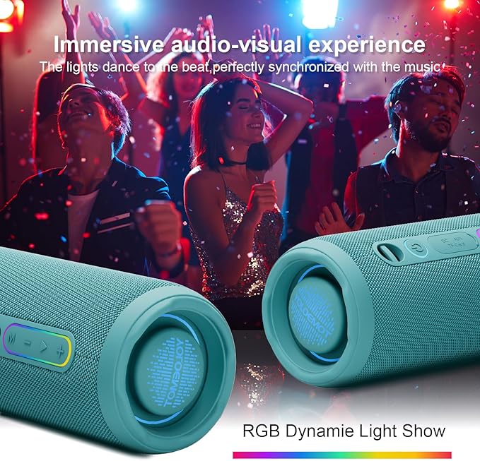 Bluetooth Bass Speaker 24W Loud Stereo Sound, Deep Bass, TWS Pairing, IPX7 Waterproof Dustproof,12H Playtime, RGB Light, Bluetooth Speakers Outdoor for Travel, Sport, Party, Biking (Teal)