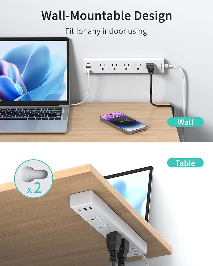 2 Prong Power Strip, 2 to 3 Prong Outlet Adapter with 1700J Surge Protection, 6ft Two Prong Extension Cord, 5 AC Outlets & 3 USB(5V 3.4A Max), Wall Mount for Non-Grounded Outlet, White