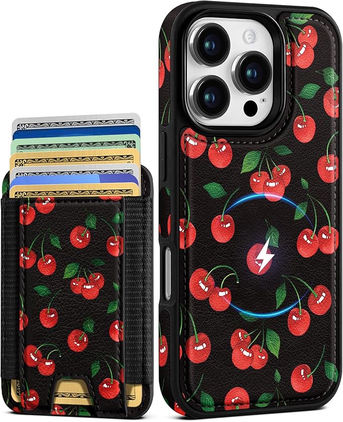 Shorogyt for iPhone 16 Pro Case Wallet - Fits 5 Cards, Compatible with Magsafe Detachable Magnetic Credit Card Holder Leather Cardholder Cute Phone Cover Women Girls for Apple 16Pro, Cherry