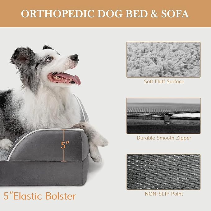 Comfort Expression Orthopedic Dog Bed for Extra Large Dogs 42x30 Inch, Waterproof Egg Crate Foam XL Pet Bed with Removable Bolsters, Dog Couch with Washable Cover & Non-Slip Bottom, Grey