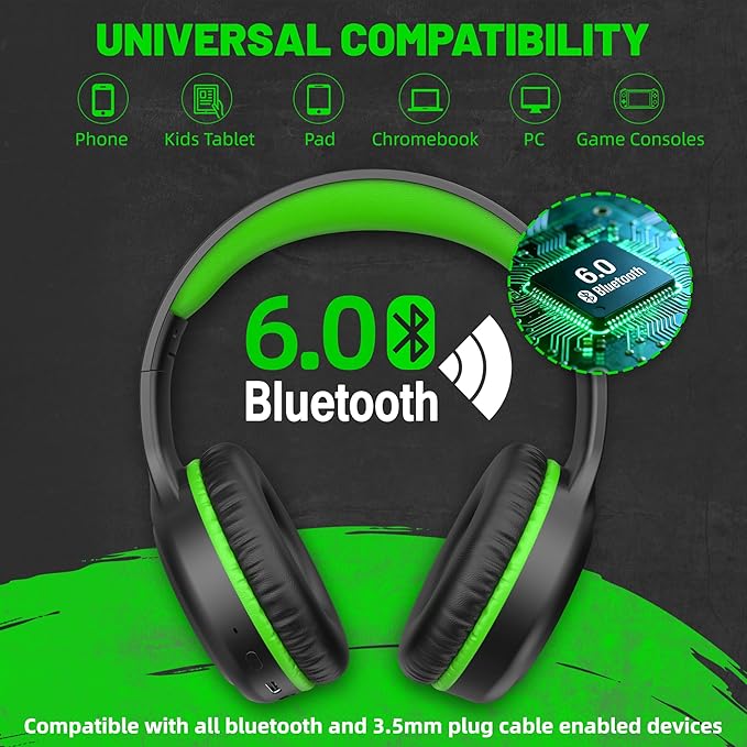 U2B Active Noise Canceling Wired & Wireless Bluetooth 6.0 Headphones with Microphone, Foldable Lightweight Head Phones with Volume Control‌ for Kids Adult School Black Green