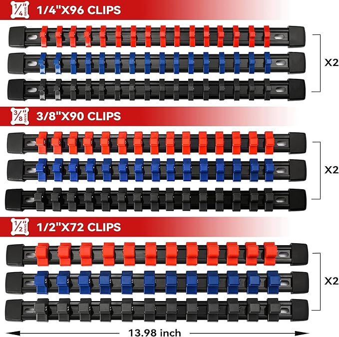 ALOANES 18PC ABS Socket Organizer, Socket Rails Fit 1/2 inch, 3/8 inch and 1/4 inch Drive, toHeavy Duty Socket Holders Hold up to 258 Sockets, Black Rails with Red Blue Black Clips