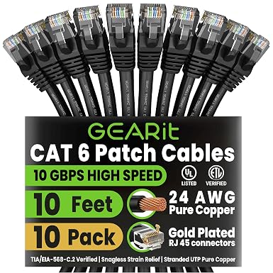 GEARit Cat6 Patch Cables Cat 6 Ethernet Cable 10 ft 10-Pack Black