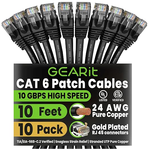 GEARit Cat6 Patch Cables Cat 6 Ethernet Cable 10 ft 10-Pack Black