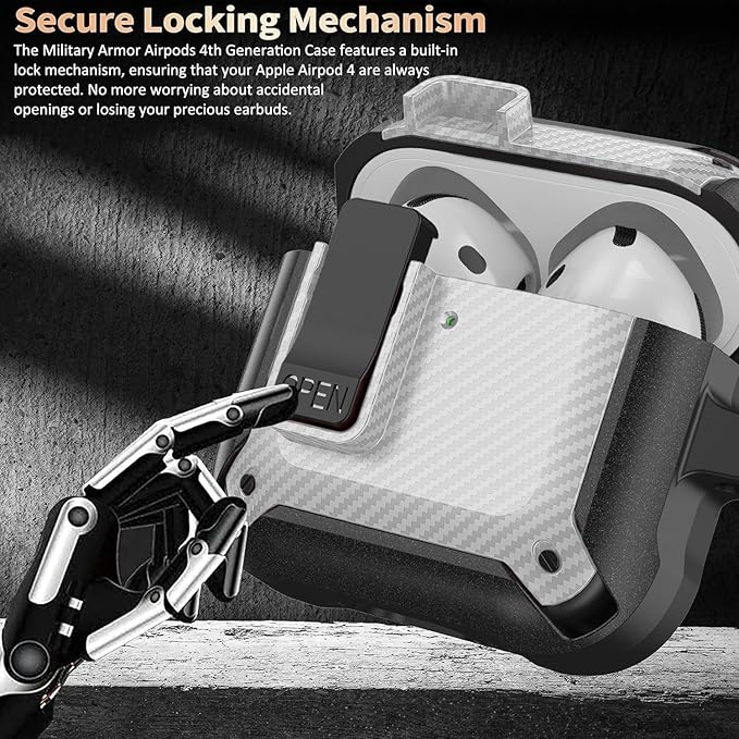 for Airpods 4 Case with Lock Clip, Rugged Apple Airpods 4th Generation Cover 2024 Men Women, Armor Shockproof iPod 4 Gen Protective Hard Shell with Carabiner&Cleaner kit,CF Black/White