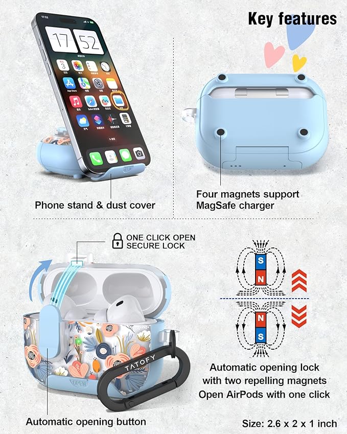 TATOFY for AirPod Pro 3 Case (2025) with Phone Stand Lanyard Lock Cleaning Kit, Compatible with Magsafe, Flowers Hard AirPods Pro 3rd Generation Cover for Women (Blue, AirPods Pro 3)