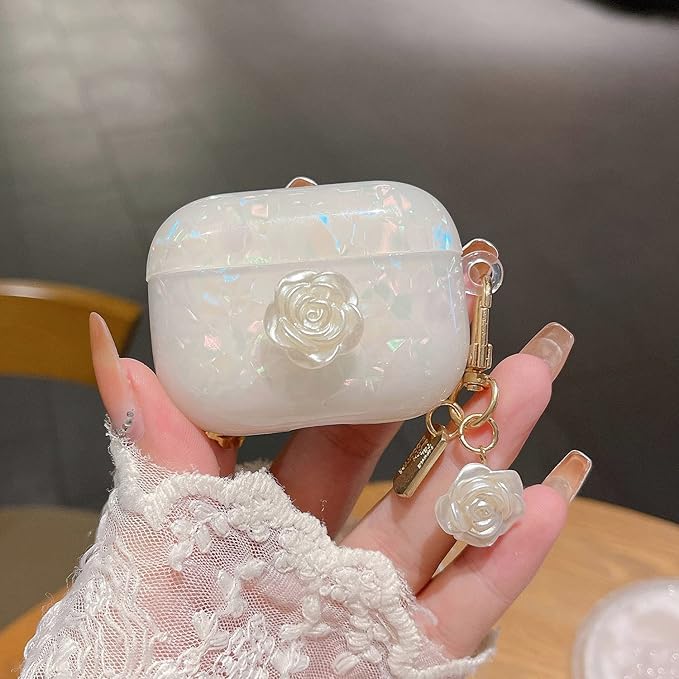 for AirPod Pro 3 Case 2025 Cute Glitter Shell Pearl TPU Protective Cover with Flower Keychain Compatible for AirPods Pro 3rd Generation Case for Women Girls (White Rose)